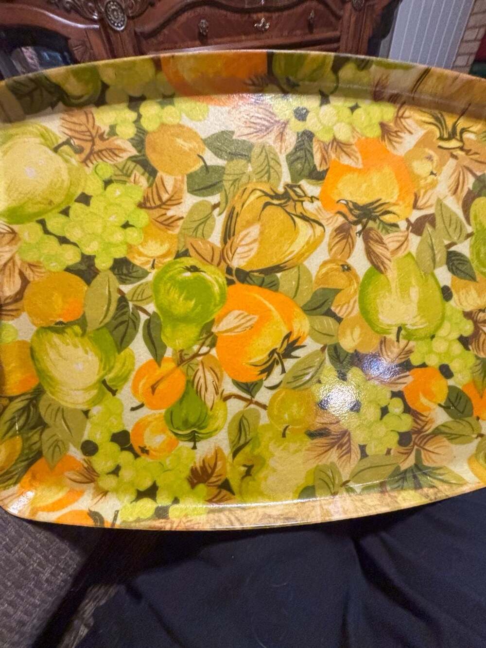 Vintage Mid Century Modern Fiberglass Serving Tray Fruit Pattern Green Orange